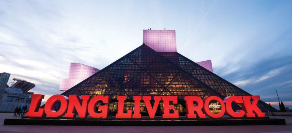 "Long Live Rock" sign pictured in front of the Cleveland Rock and Roll Hall of Fame.