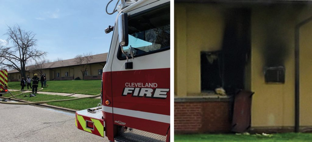 Pictured on the left is a Cleveland Fire firetruck and firefighters on scene. Pictured on the right is a charred building.