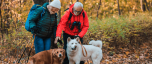 Older Couple with their dogs promoting pet ower