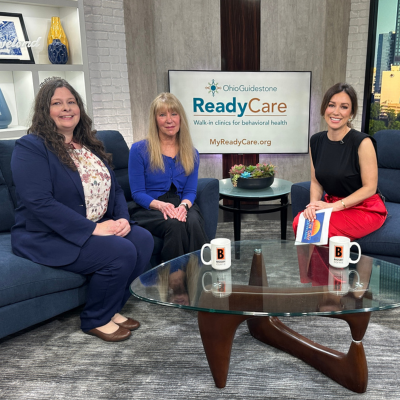 Christina Sherman-Zographos (left) and Larraine Stehlik (center) talk to Natalie Herbick (right) on New Day Cleveland about accessible and immediate care for behavioral health.