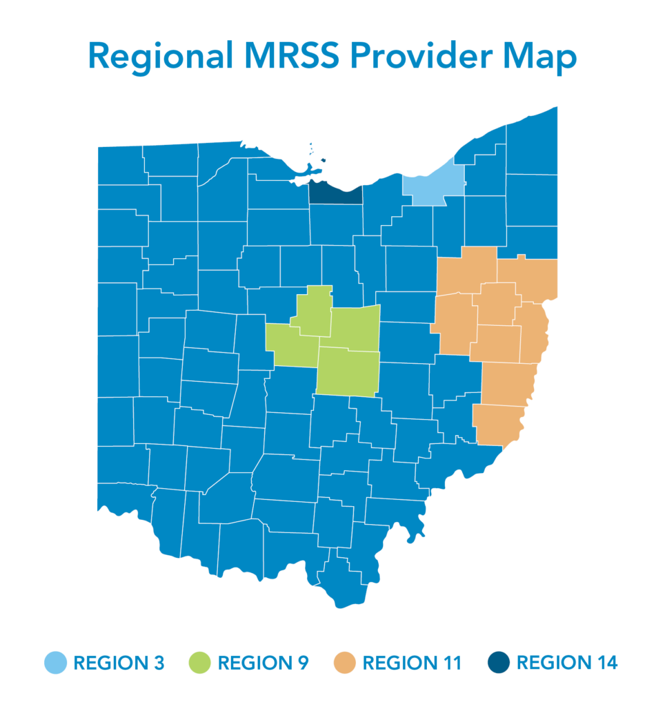 Regional MRSS Provider Map in Ohio depicting the counties that OhioGuidestone has an MRSS presence in.